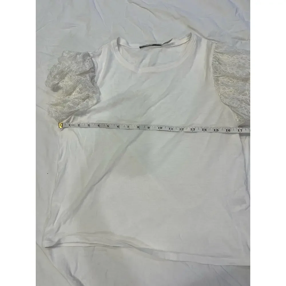 Alice & Olivia White Lace Sleeve Crop Stretchy Romantic Darcelle T-Shirt Medium - Picture 7 of 11